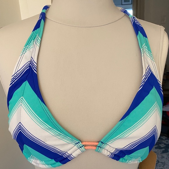 NWT Hobie Boho blue striped bikini top with orange string accents. Medium. Fun. - Picture 3 of 8